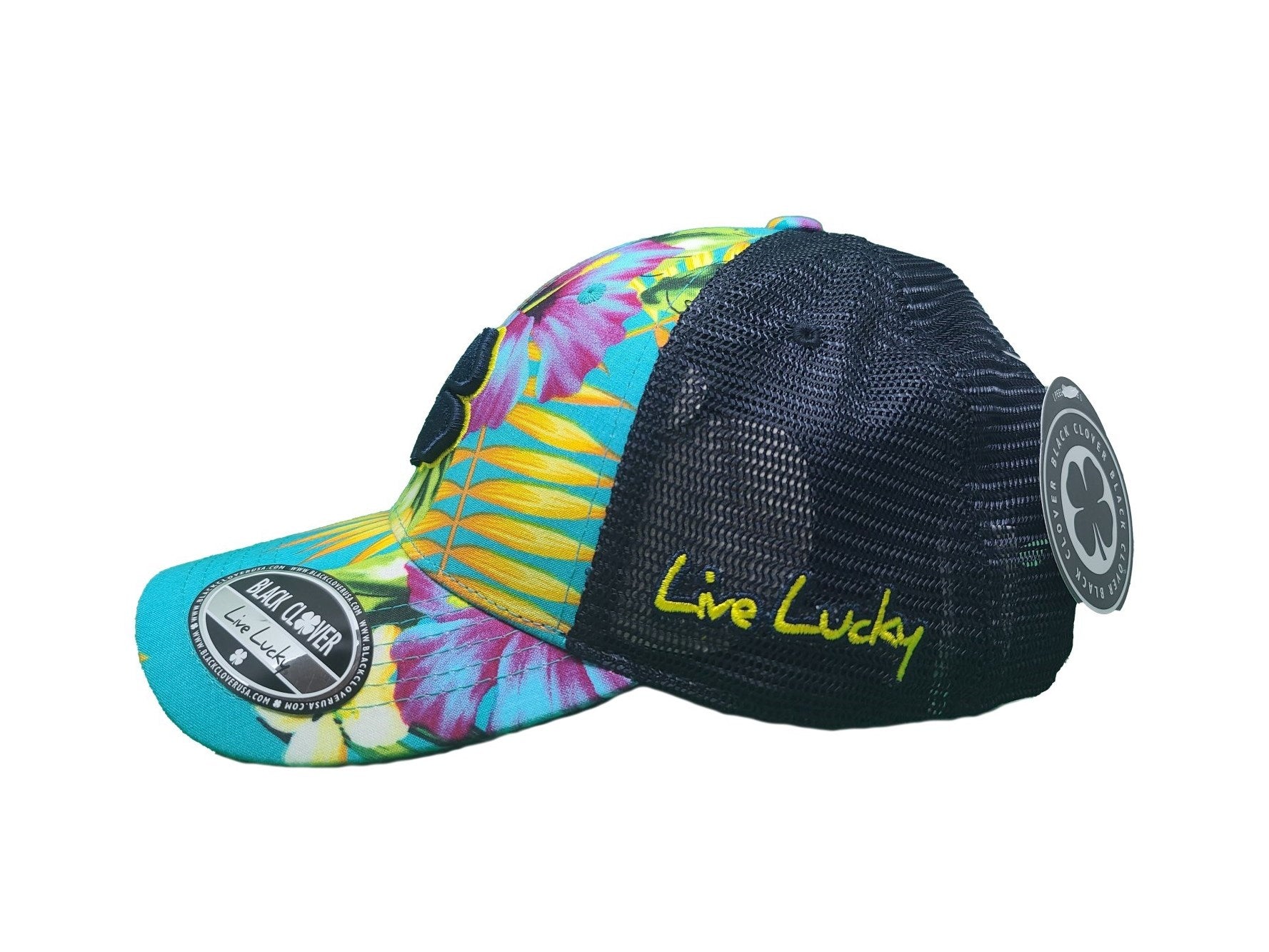 Black Clover Island Luck Hat - Tropical Adjustable Snapback - Unisex - 7 side 7 - Navy / Gold / Tropical / Navy Mesh