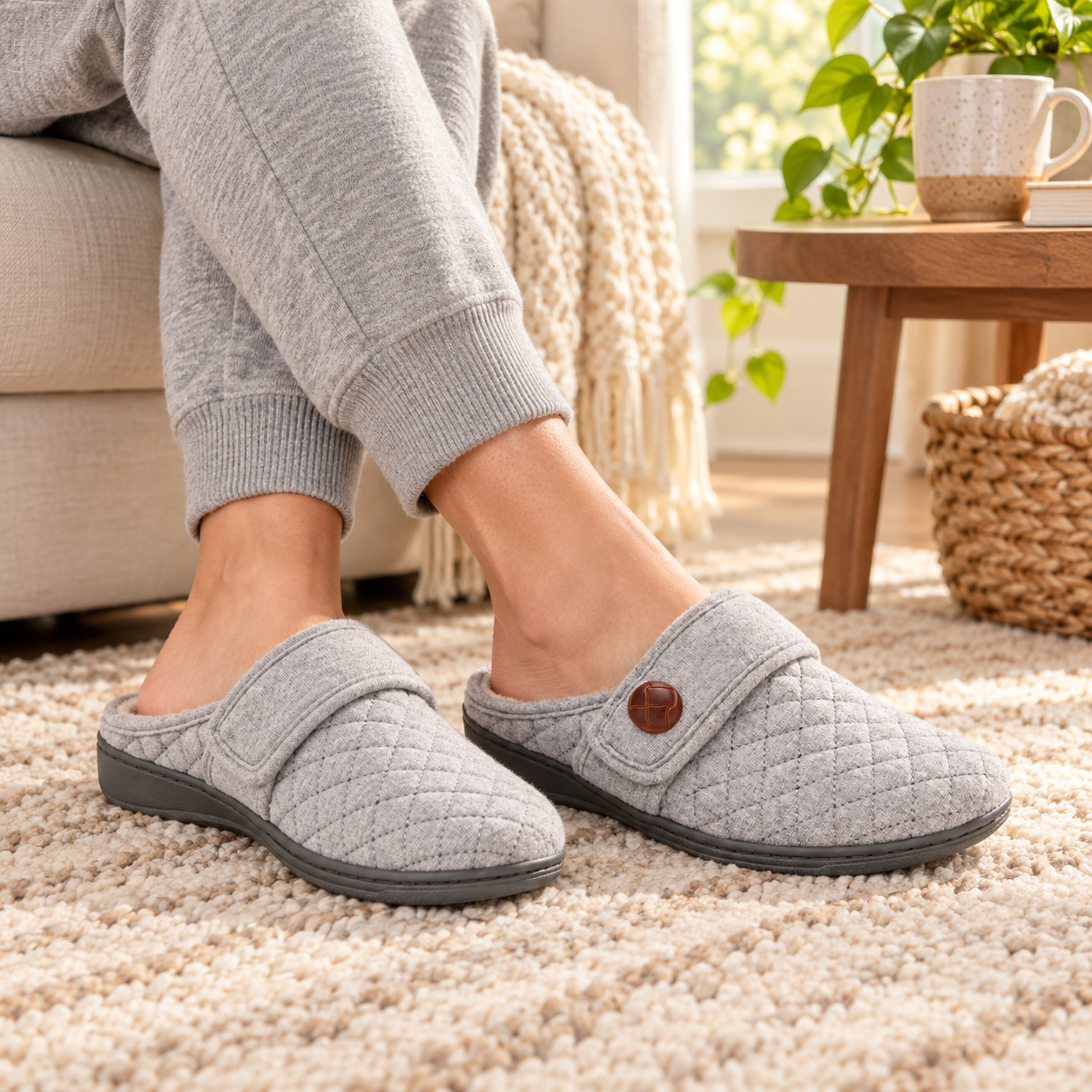 Vionic Carlin women's Light Grey supportive slipper lifestyle image