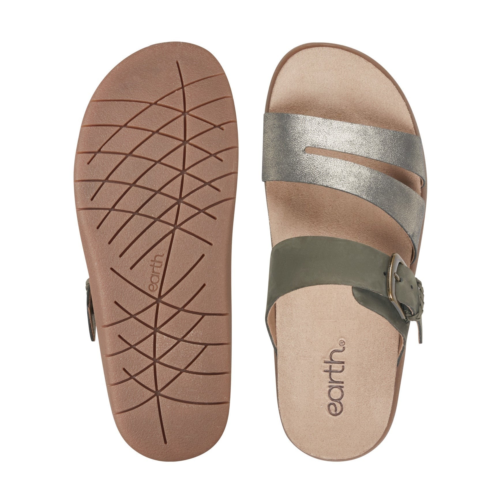 Earth Ayden Strappy Slip-on Sandal Cushioned Arch Support Women's Casual Sandal - Dark Green Leather - 5