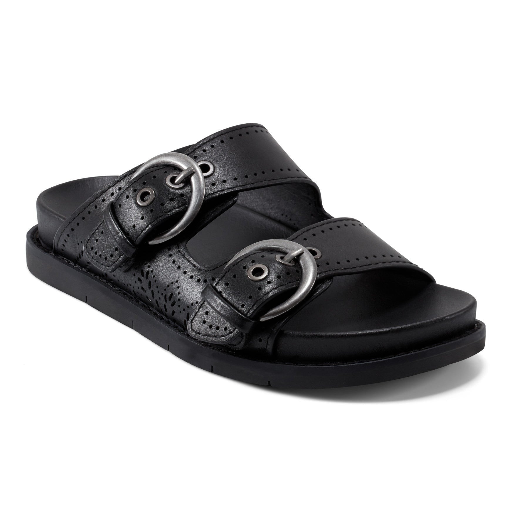 Earth Francii Cushioned Double-Buckle Women's Flat Sandal - Black Leather - 2