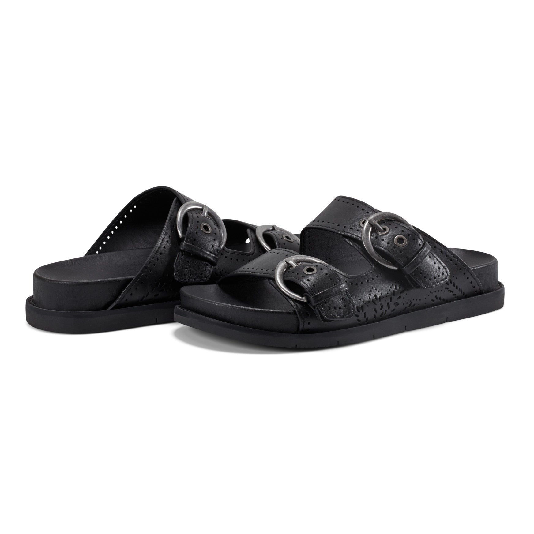 Earth Francii Cushioned Double-Buckle Women's Flat Sandal - Black Leather - 7