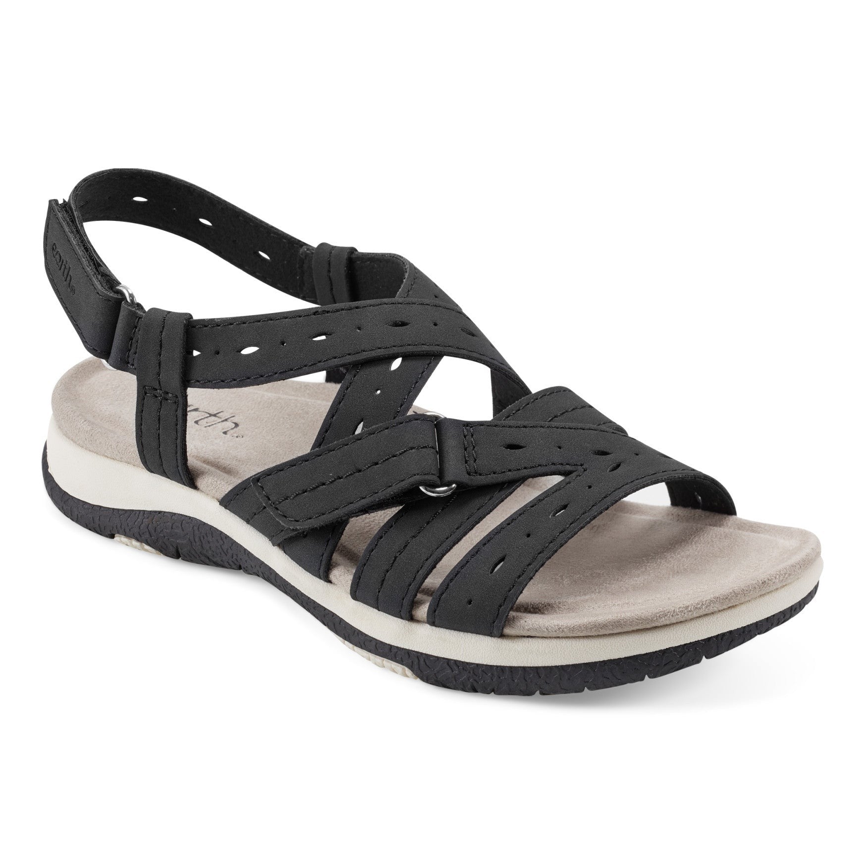 Earth Samsin Round Toe Strappy Casual Flat Sandal - Cushioned Arch Support Women's Casual Flat Sandal - Black - 2