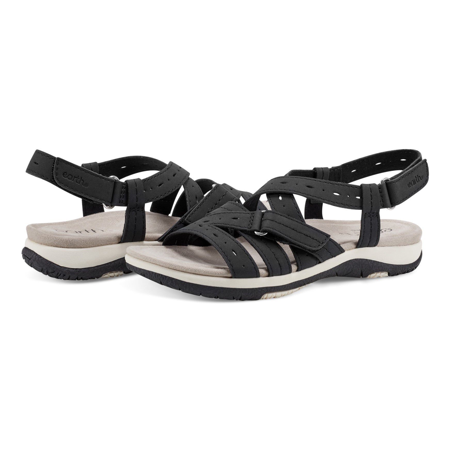 Earth Samsin Round Toe Strappy Casual Flat Sandal - Cushioned Arch Support Women's Casual Flat Sandal - Black - 7
