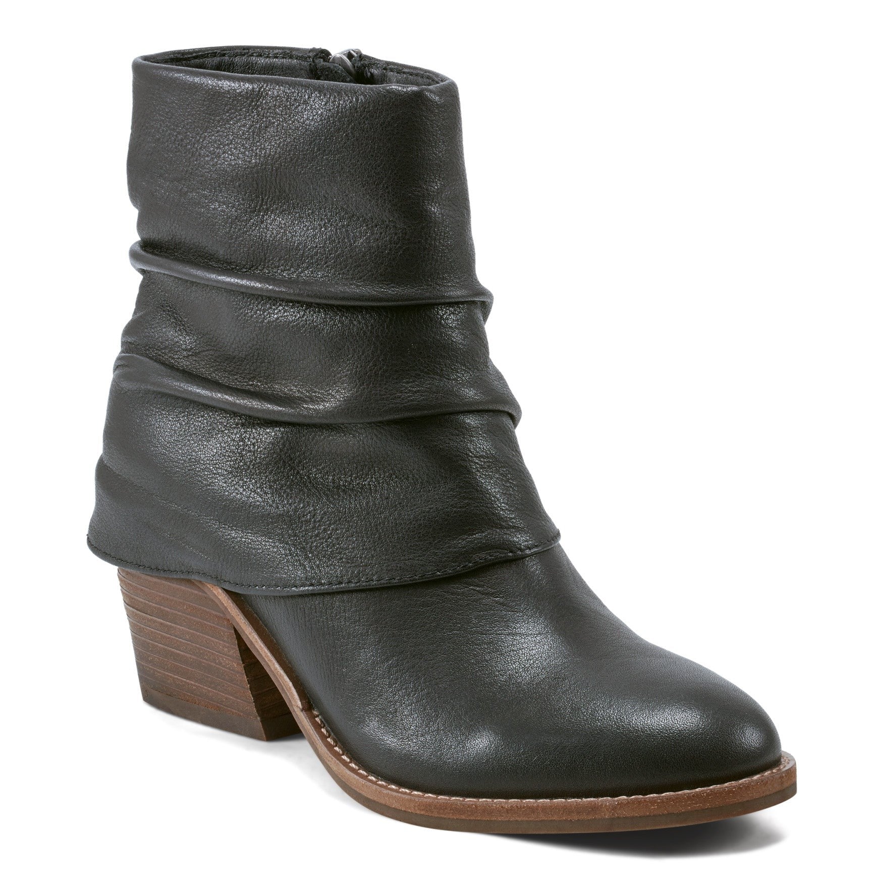 Earth Savvy Block Heel Ruched Bootie Cushioned Arch Support Women's Ankle Boot - Black Leather - 2