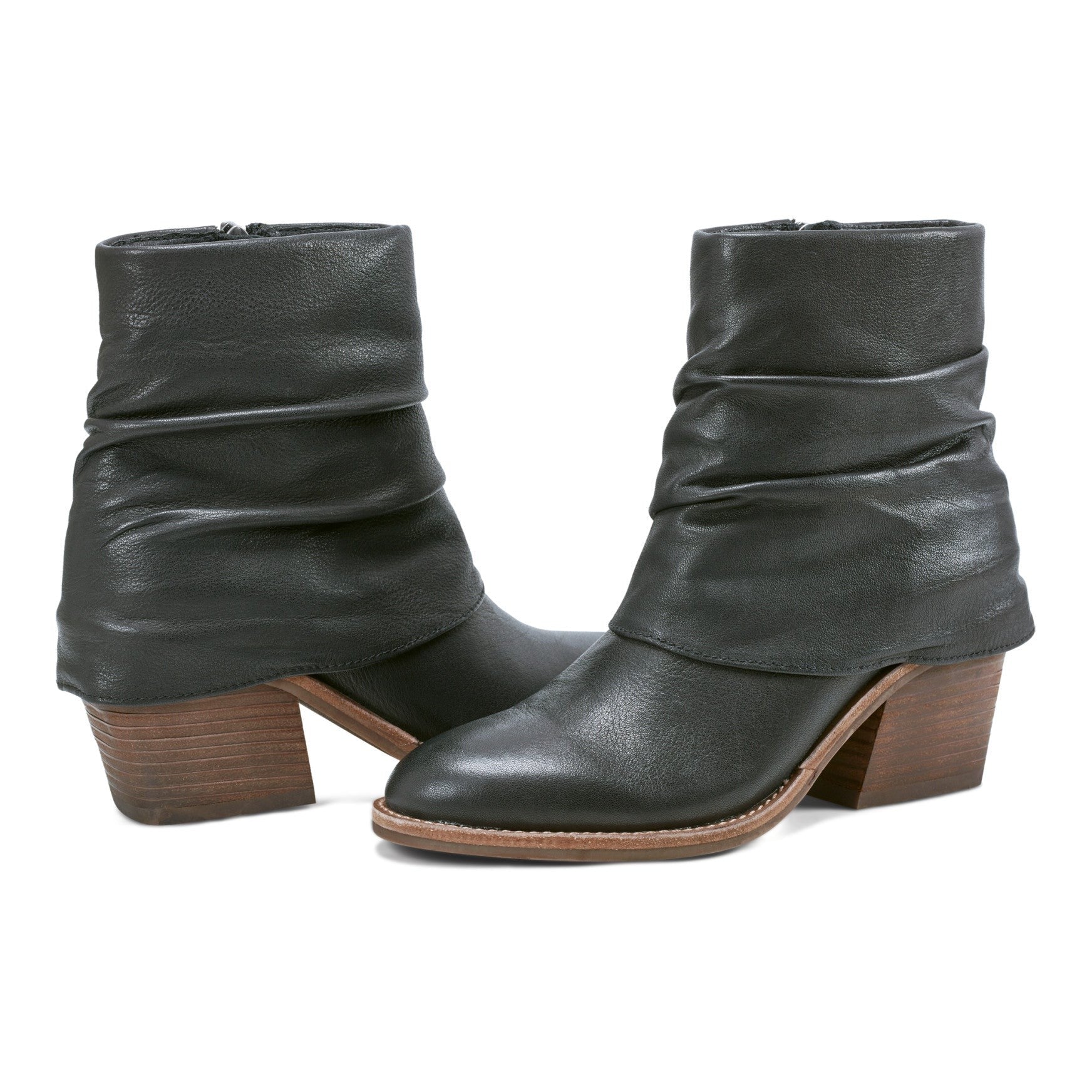 Earth Savvy Block Heel Ruched Bootie Cushioned Arch Support Women's Ankle Boot - Black Leather - 7
