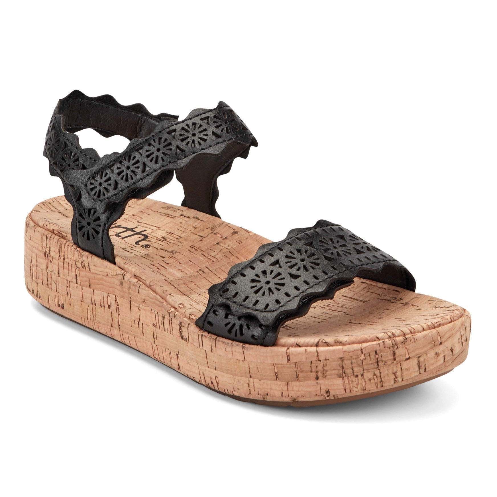 Earth Slata Cushioned Cork-Footbed Women's Casual Leather Sandal - Black Leather - 2