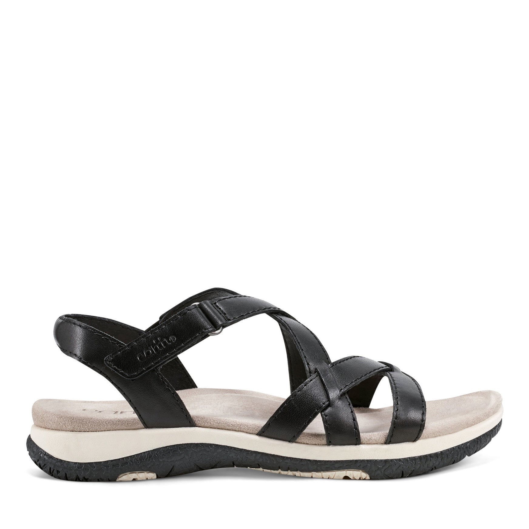 Earth Sterling Arch-Support Cushioned Strappy Women's Flat Sandal - Black Leather - 1