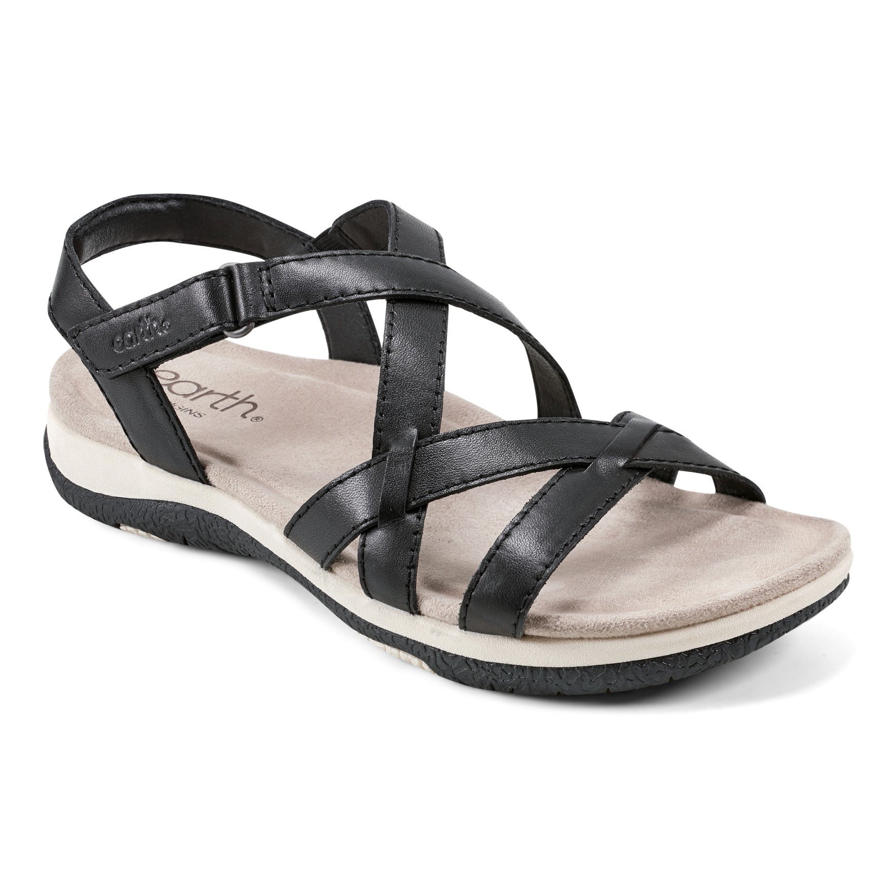 Earth Sterling Arch-Support Cushioned Strappy Women's Flat Sandal - Black Leather - 2