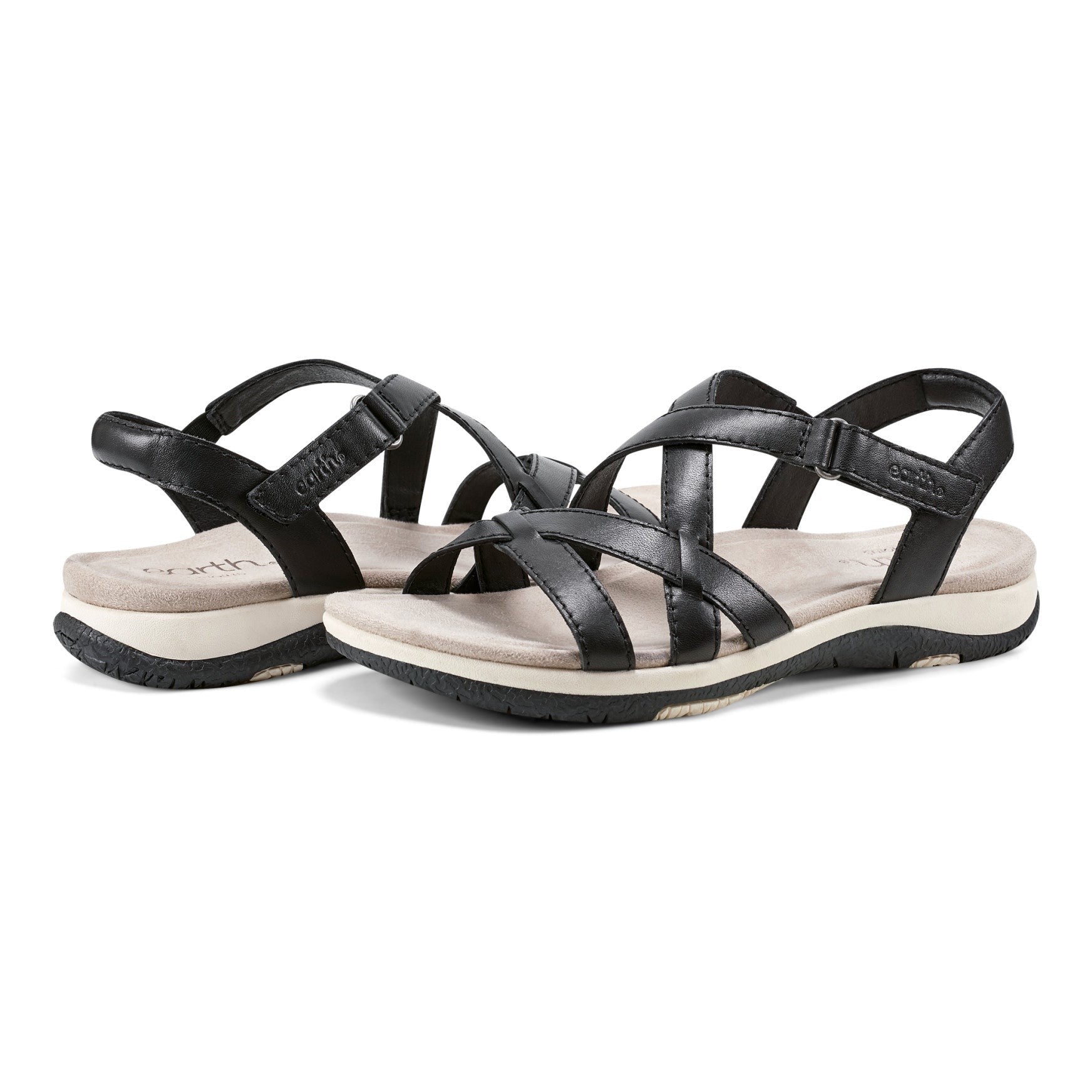 Earth Sterling Arch-Support Cushioned Strappy Women's Flat Sandal - Black Leather - 7