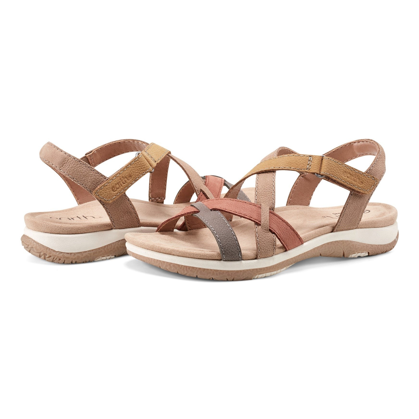 Earth Sterling Arch-Support Cushioned Strappy Women's Flat Sandal - Light Grey Multi Leather - 7