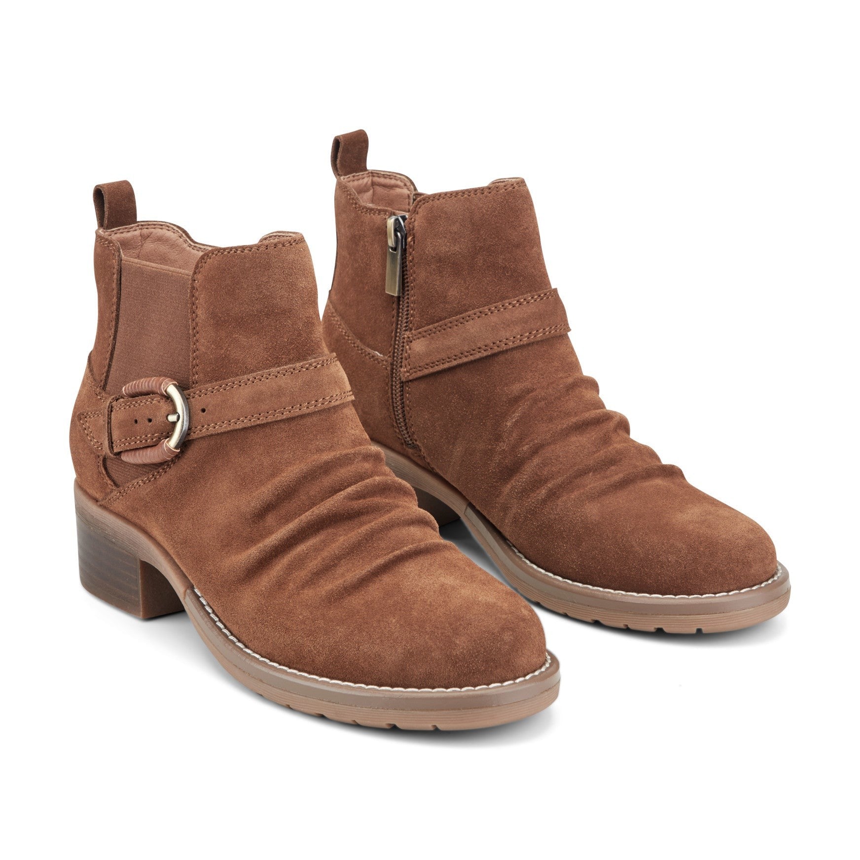 Earth Zane Suede Ruched Booties Cushioned Support Women's Booties - Brown Suede - 2
