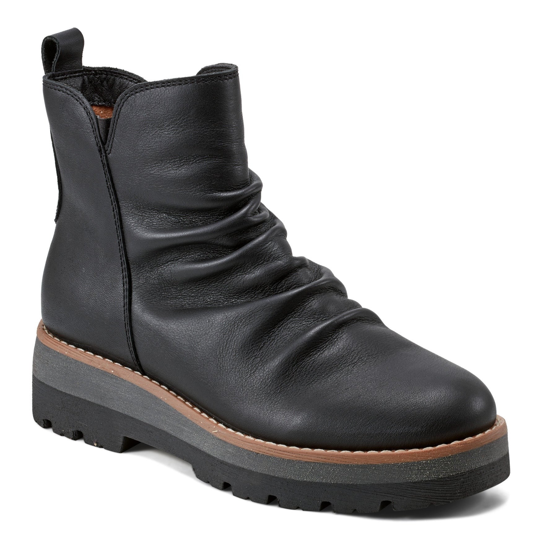 earth Yonder Waterproof Ruched Lug Sole Cushioned Women's Casual Boot - Black Leather - 2