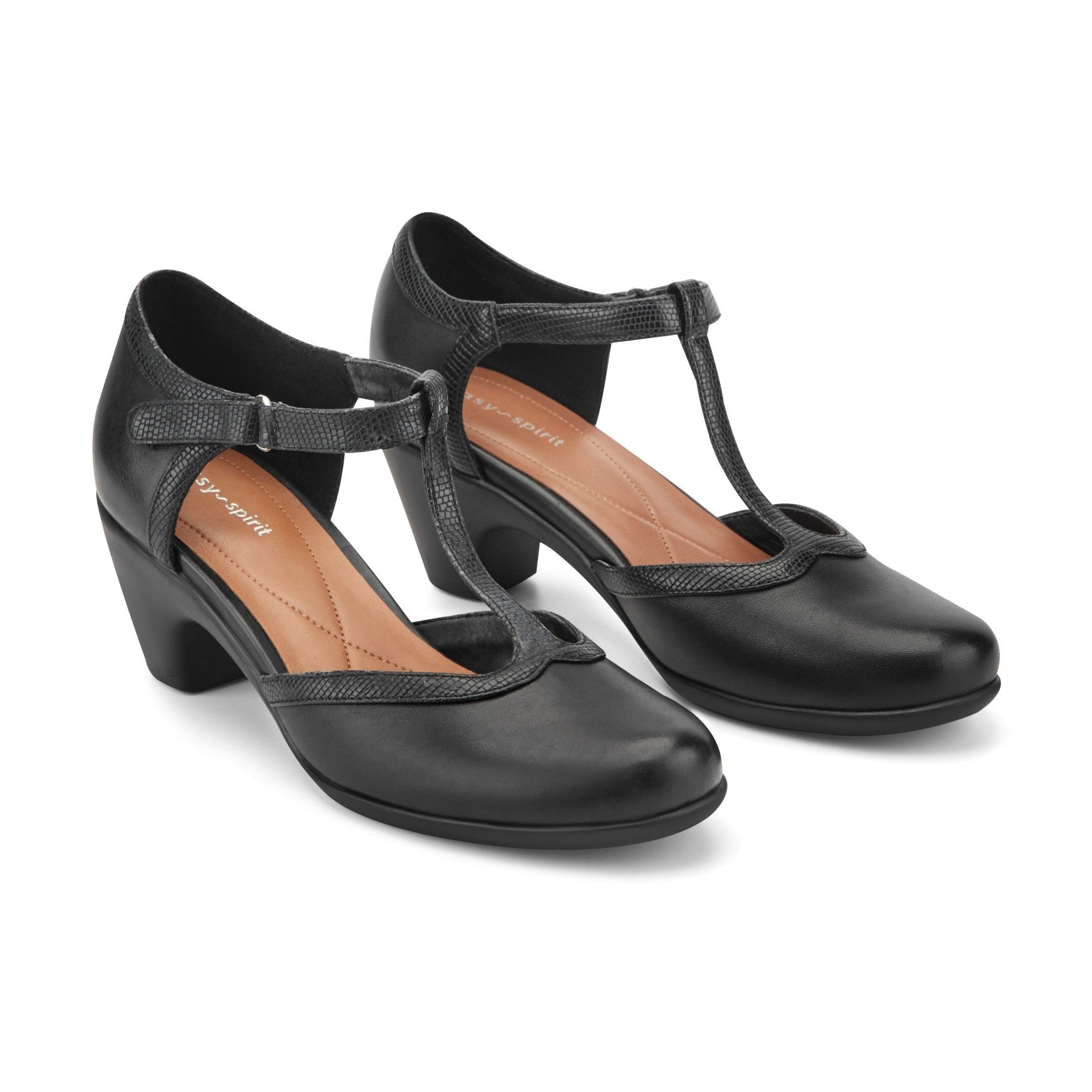 Easy Spirit Cara T-Strap Cushioned Arch Support Women's Dress Shoe - Black Leather - 2