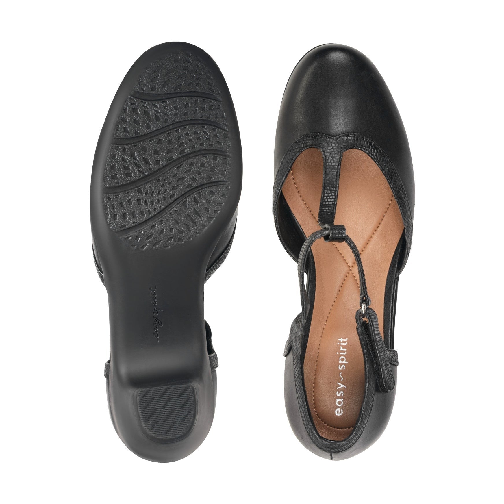 Easy Spirit Cara T-Strap Cushioned Arch Support Women's Dress Shoe - Black Leather - 5