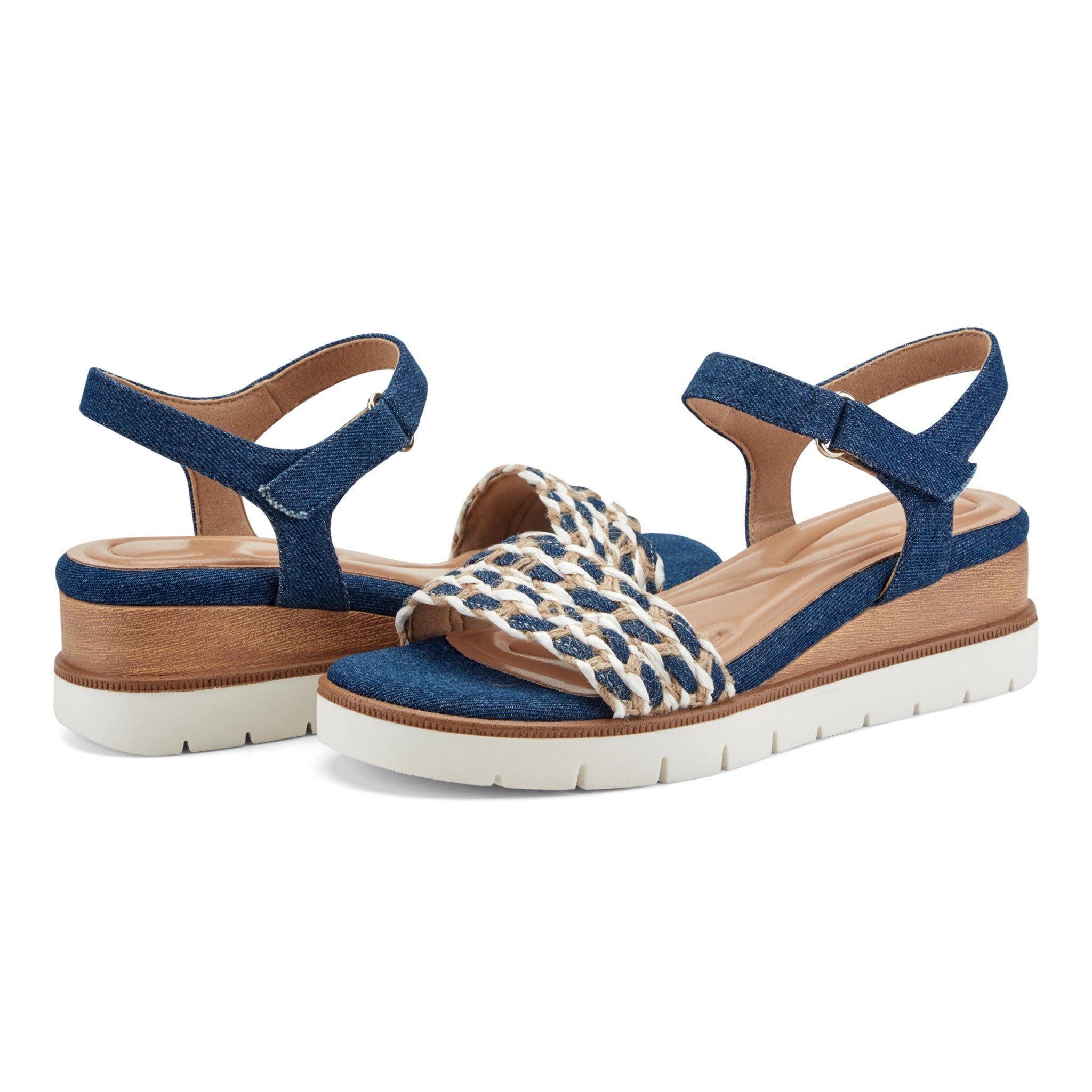 Easy Spirit Edythe Wedge Sandal Cushioned Arch Support Women's Wedge Sandal - Denim/white Multi - 7