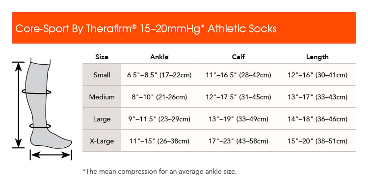 Core-Sport 15-20 mmHg Athletic Performance Knee High Compression Socks - Size chart