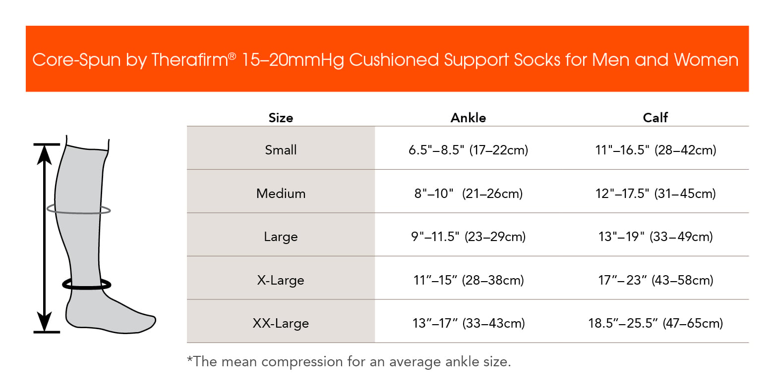Core-Spun 15-20 mmHg Cushioned Knee High Compression Socks - Ankle, calf and leg length size chart