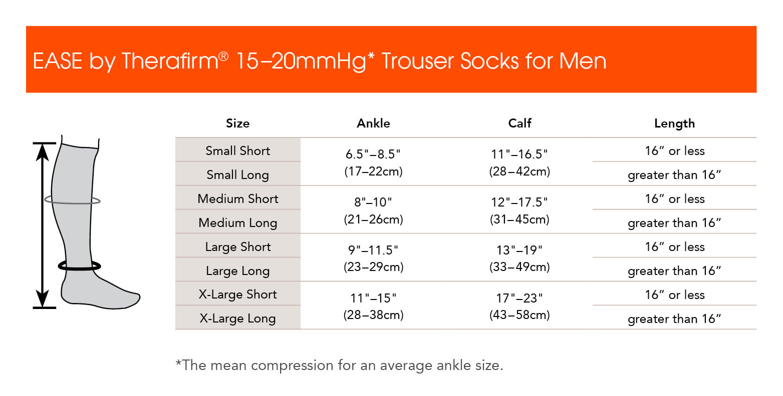 EASE Mens 15-20 mmHg Trouser Socks - manufacturer measurement chart