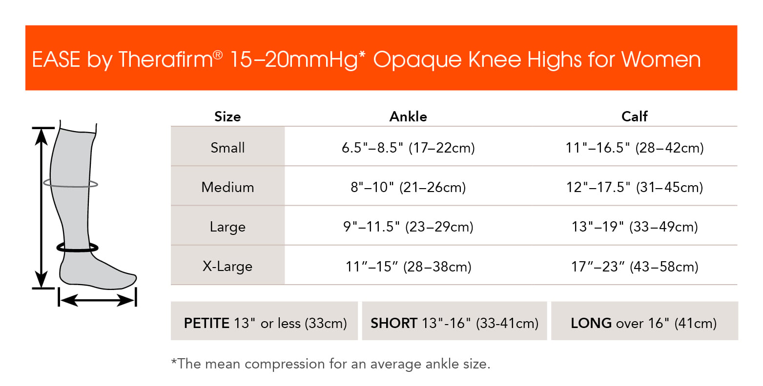 EASE Womens 15-20 mmHg Opaque Knee Highs - manufacturer measurement chart