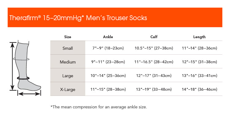Therafirm Mens 15-20 mmHg Ribbed Dress Socks - manufacturer measurement chart