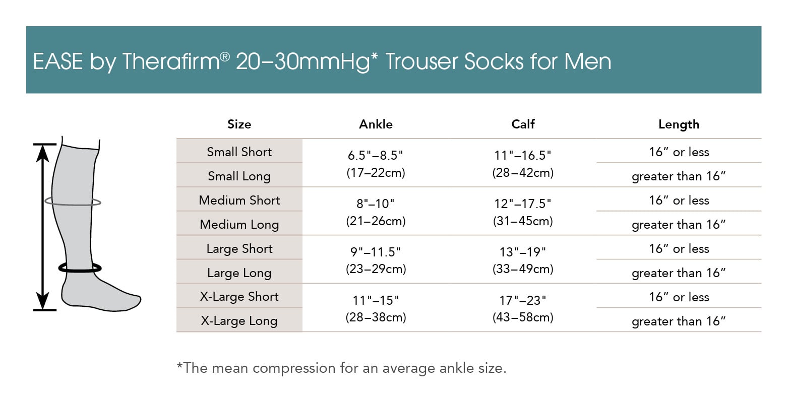 EASE Mens 20-30 mmHg Trouser Socks - manufacturer measurement chart