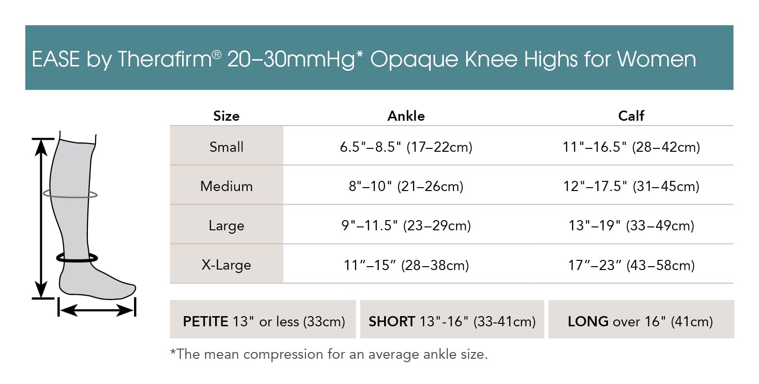 EASE Womens 20-30 mmHg Opaque Knee Highs - manufacturer measurement chart
