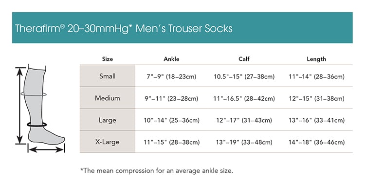 Therafirm Mens 20-30 mmHg Ribbed Dress Socks - manufacturer measurement chart