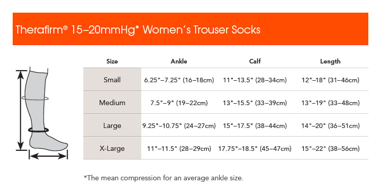 Therafirm Womens 15-20 mmHg Ribbed Trouser Socks - manufacturer measurement chart