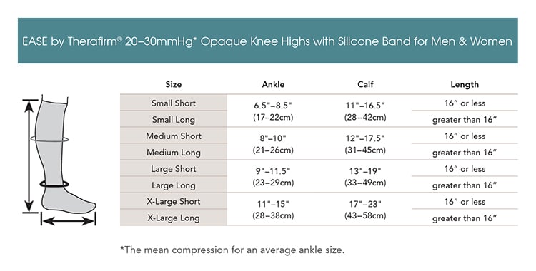 EASE Unisex 20-30 mmHg Knee Highs with Silicone Dot Band - manufacturer measurement chart
