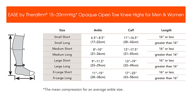 EASE Unisex 15-20 mmHg Open-Toe Knee Highs - manufacturer measurement chart