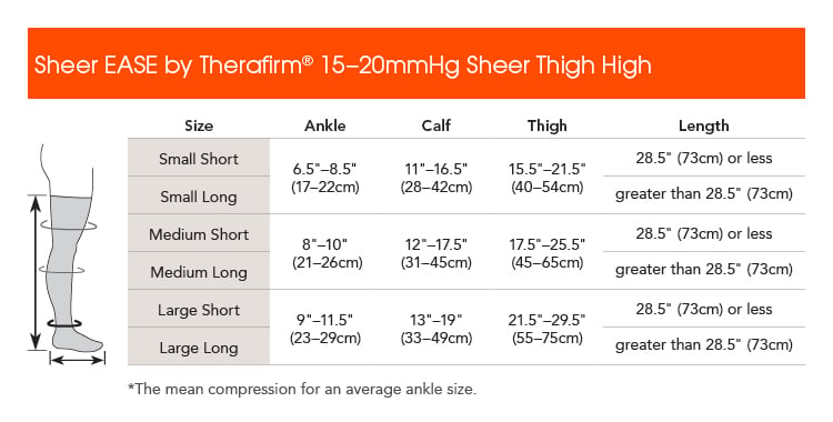 EASE Womens 15-20 mmHg Sheer Closed-Toe Thigh Highs - manufacturer measurement chart