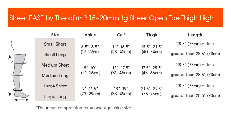 EASE Womens 15-20 mmHg Sheer Open-Toe Thigh Highs - manufacturer measurement chart
