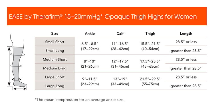 EASE Womens 15-20 mmHg Opaque Closed-Toe Thigh Highs - manufacturer measurement chart