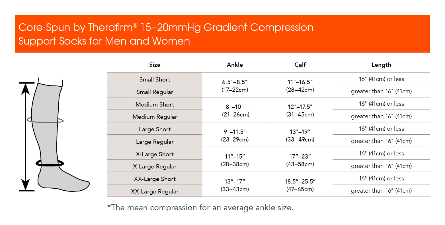 Core-Spun 15-20 mmHg Knee High Compression Socks - Black - Size chart