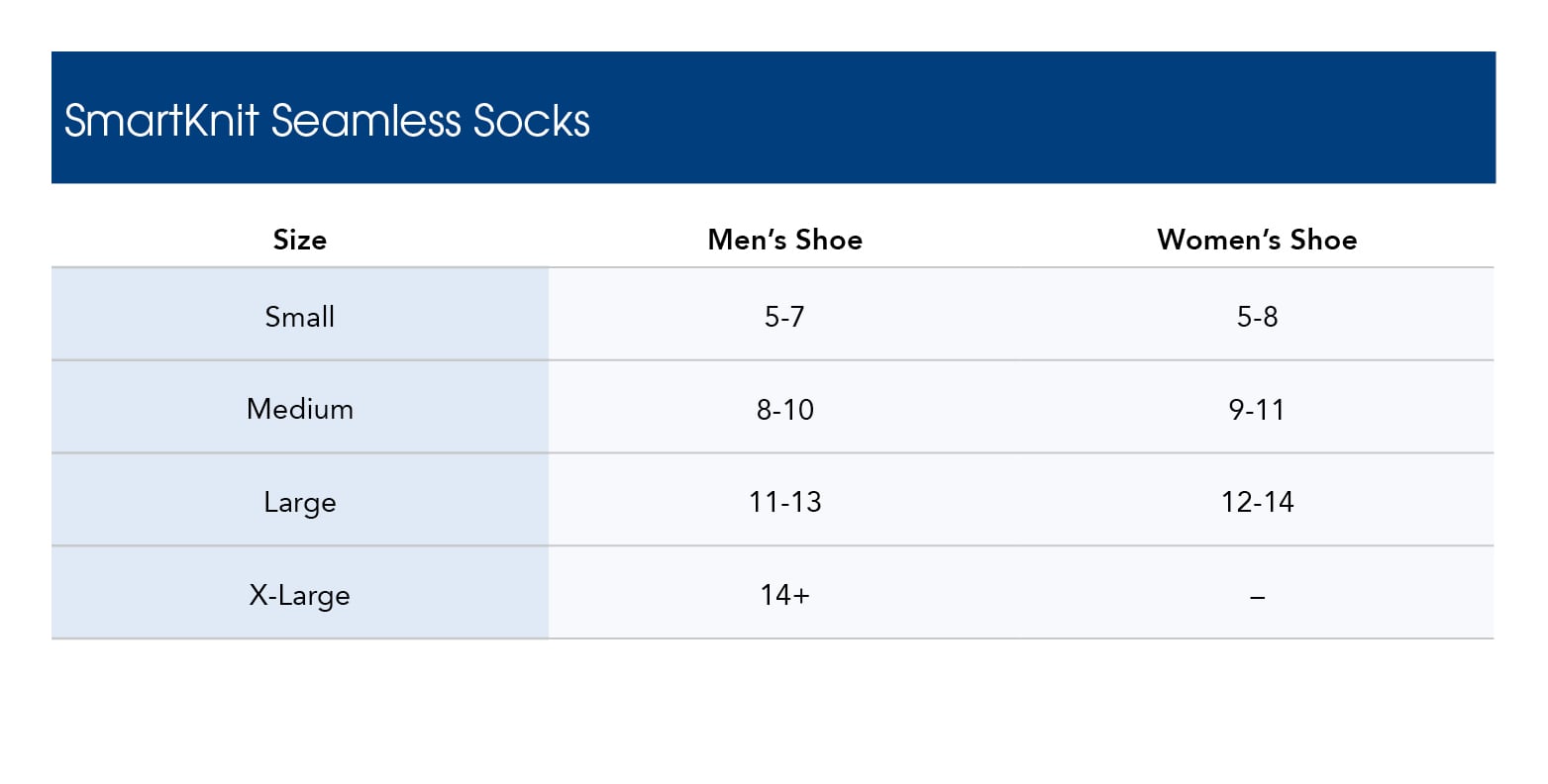 SmartKnit Seamless Crew Socks - 3 Pairs - Size chart