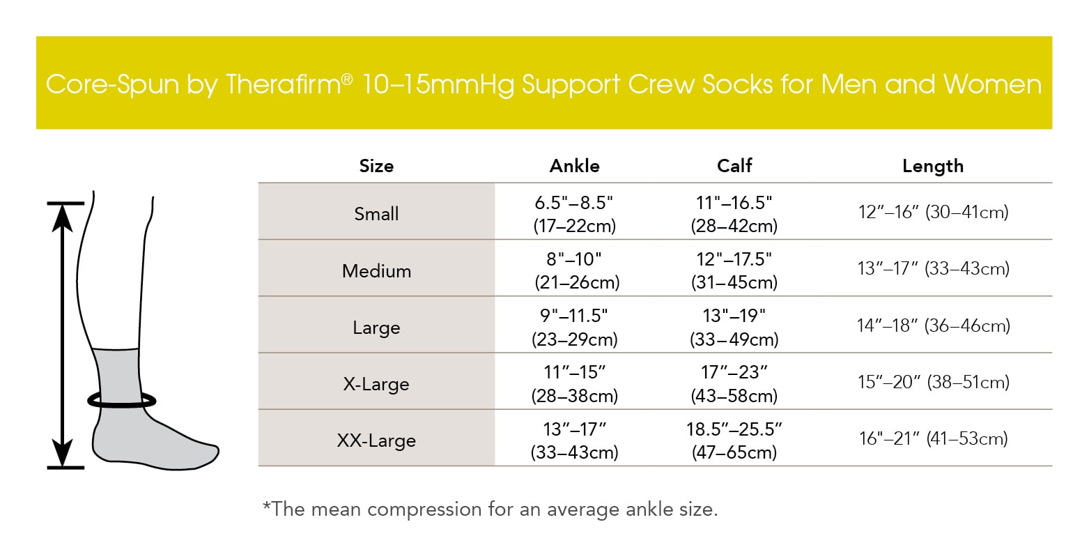 Core-Spun 10-15 mmHg Crew Compression Socks - 2 Pairs - Black - Size chart