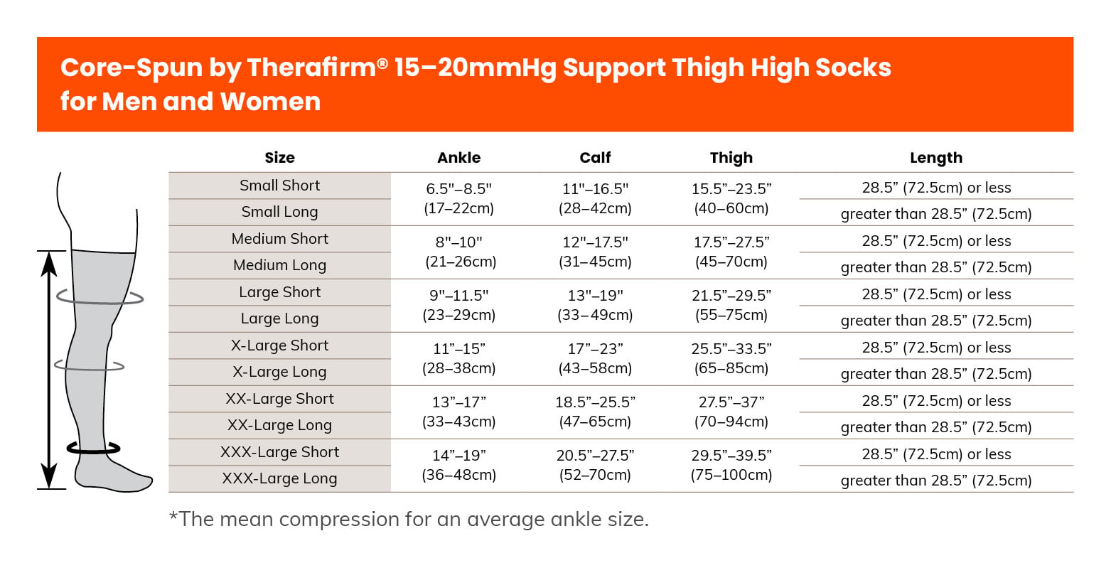 Core-Spun 15-20 mmHg Thigh High Compression Socks - Black - Size chart
