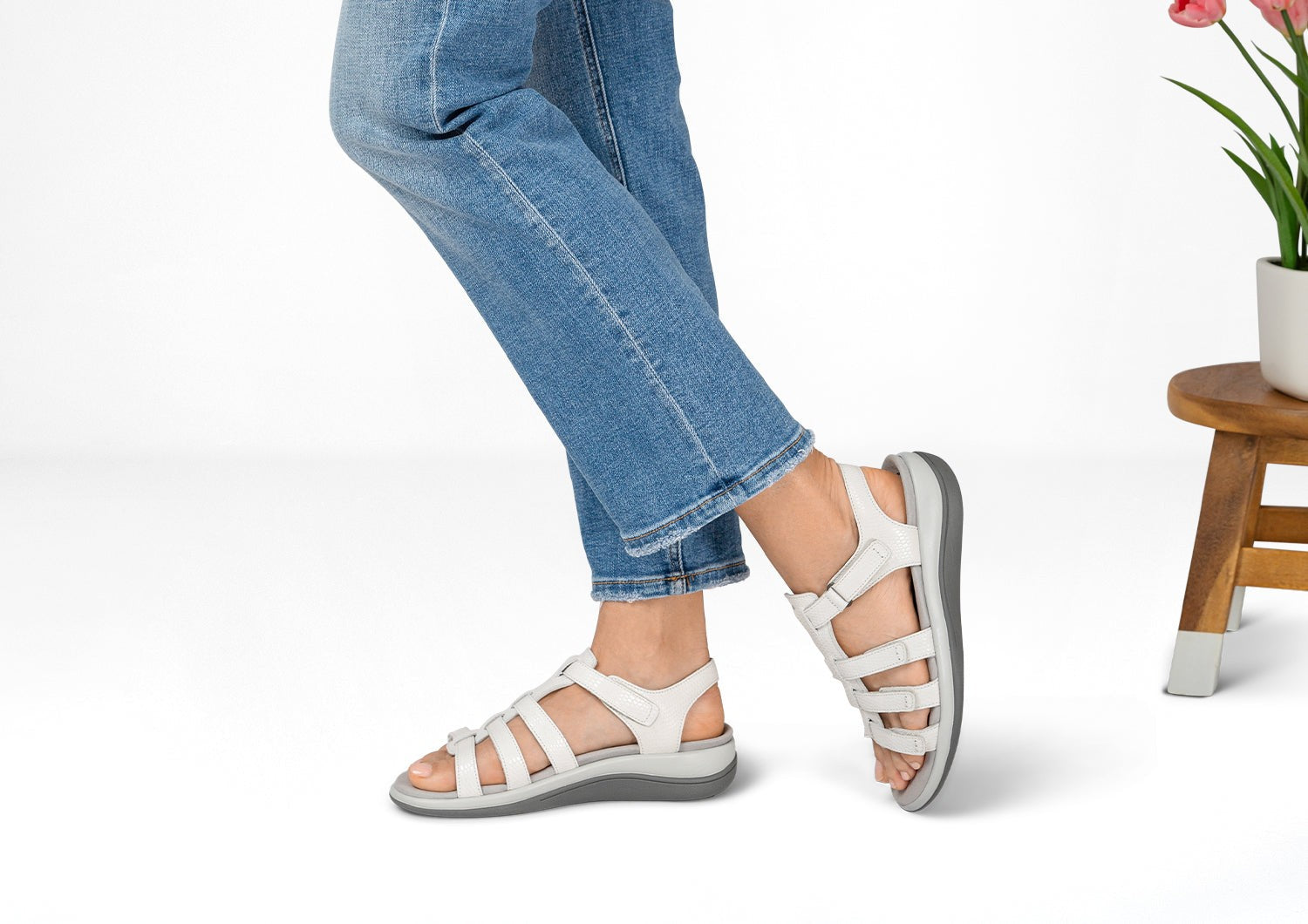 Orthofeet Amalfi Heel Strap Women's Sandal - Snake White - Lifestyle View - 2