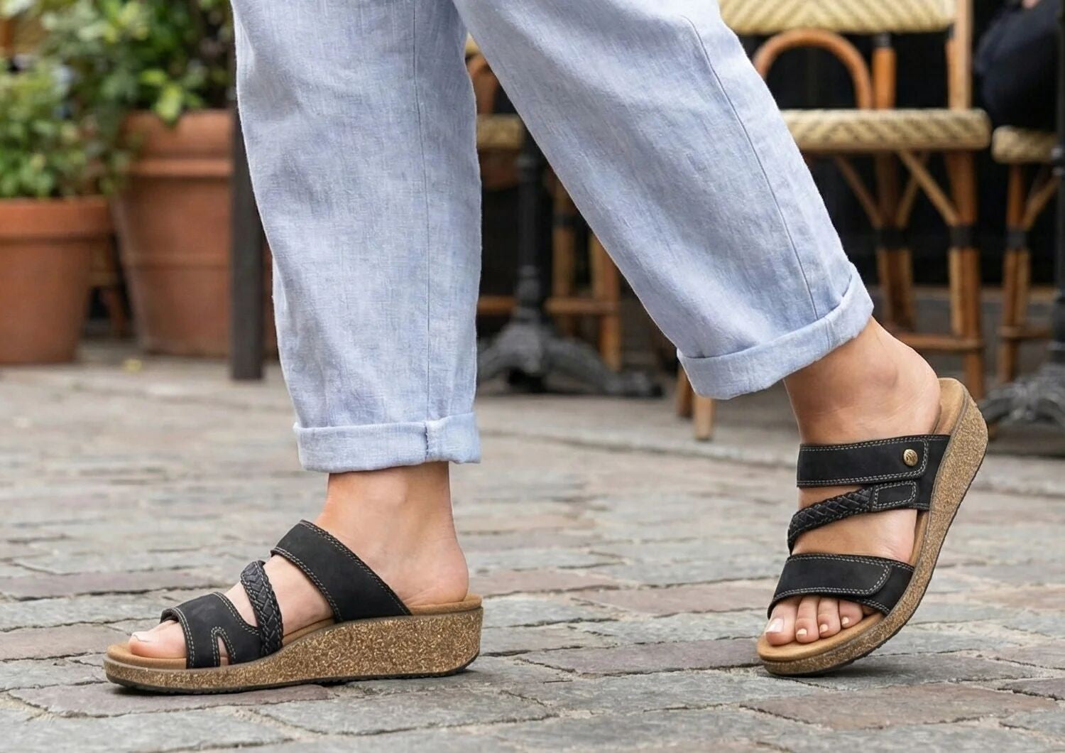 Orthofeet Carrie Adjustable Cork Heel-Strap Women's Sandals - Black - Lifestyle View - 8