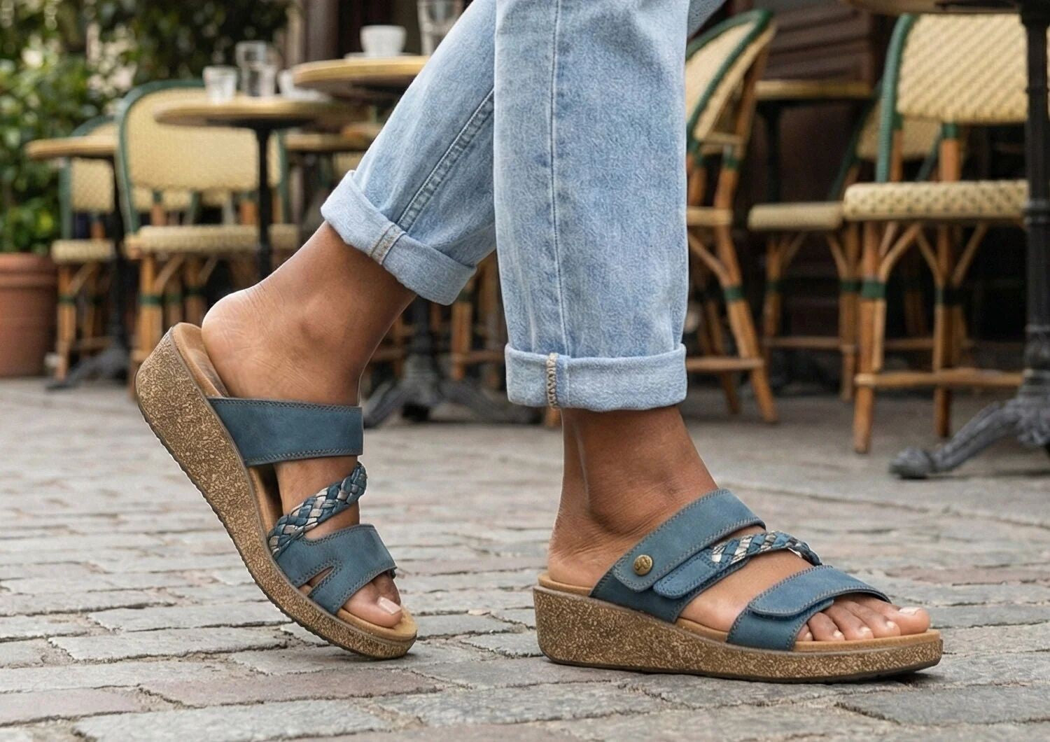 Orthofeet Carrie Adjustable Cork Heel-Strap Women's Sandals - Blue - Lifestyle View - 8