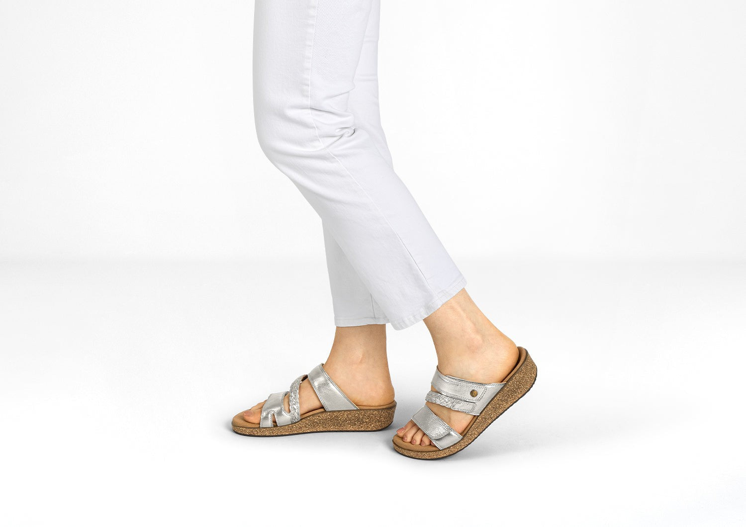 Orthofeet Carrie Adjustable Cork Heel-Strap Women's Sandals - Platinum - Lifestyle View - 2