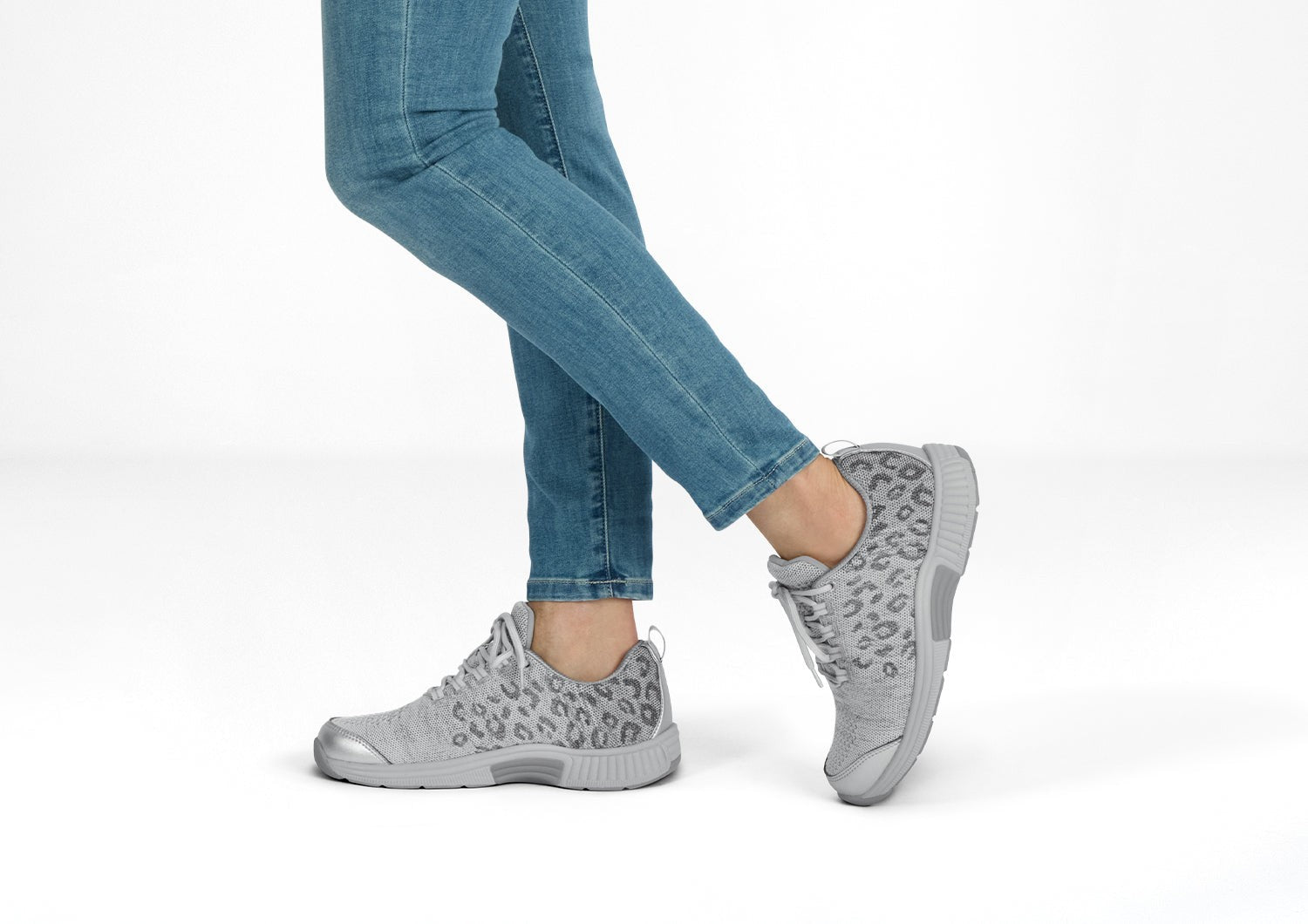 Orthofeet Coral Stretch Arch-Support Women's Sneakers - Gray Leopard - Lifestyle View - 2