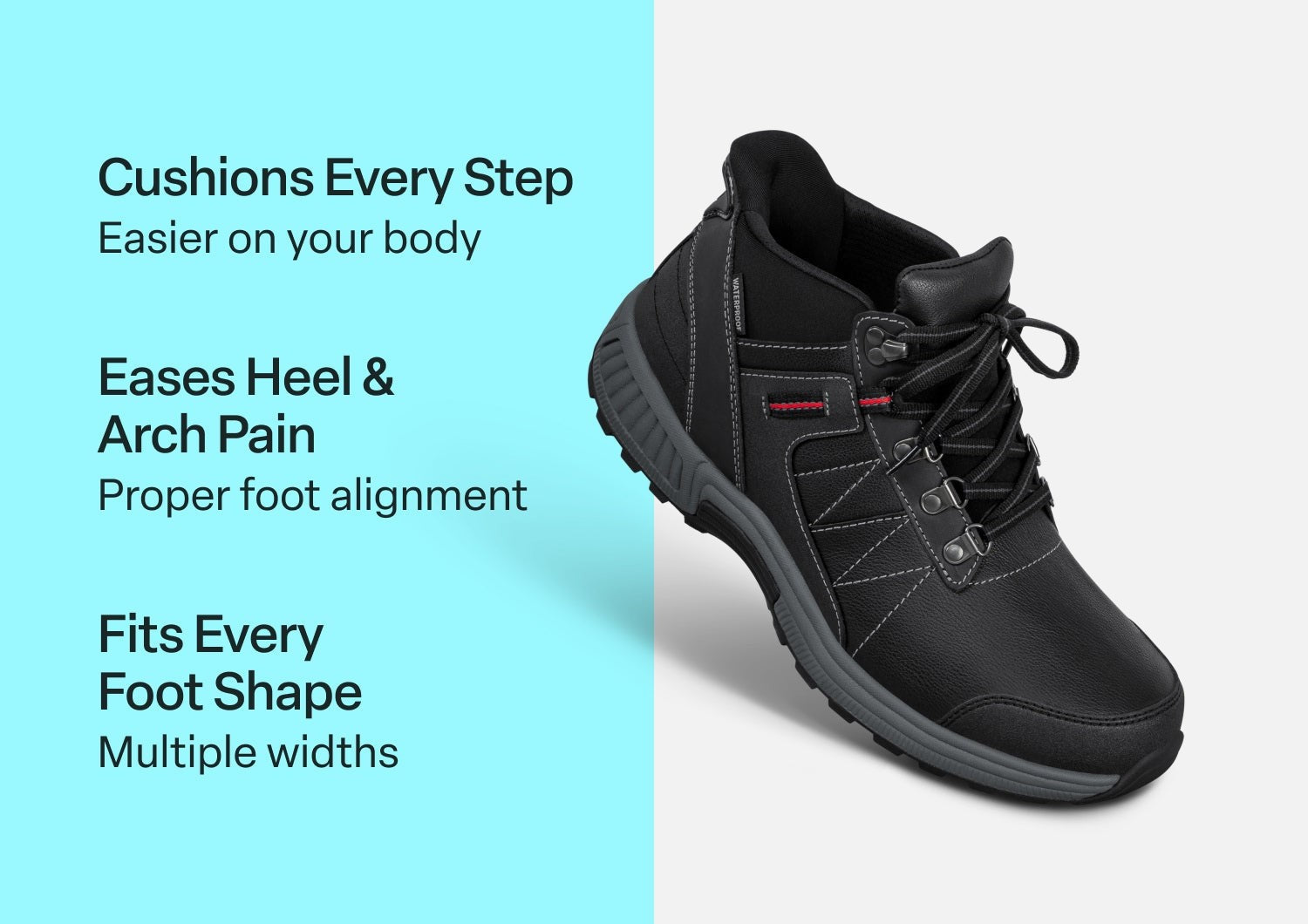 Orthofeet Dalton Hands-Free Waterproof Supportive Men's Boots - Black - Comfort Benefits - 2