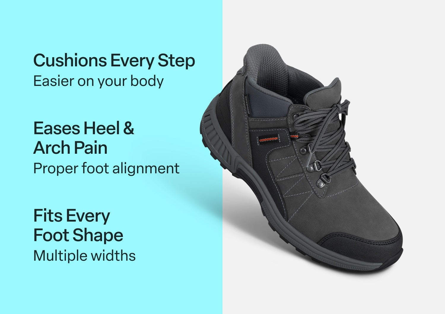Orthofeet Dalton Hands-Free Waterproof Supportive Men's Boots - Gray - Comfort Benefits - 2