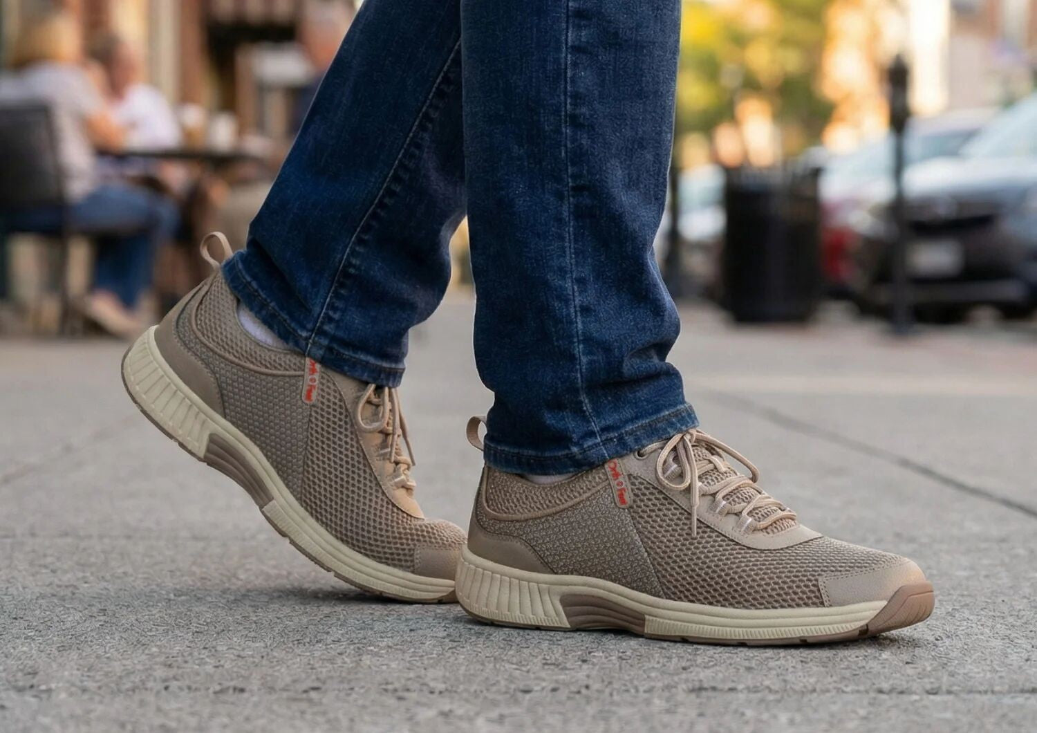 Orthofeet Edgewater Stretch Supportive Arch-Relief Men's Sneakers - Taupe - Lifestyle View - 8