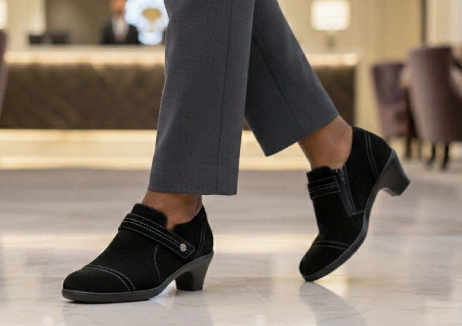 Orthofeet Eva Supportive Arch Comfort Women's Dress - Black Suede - Lifestyle View - 8