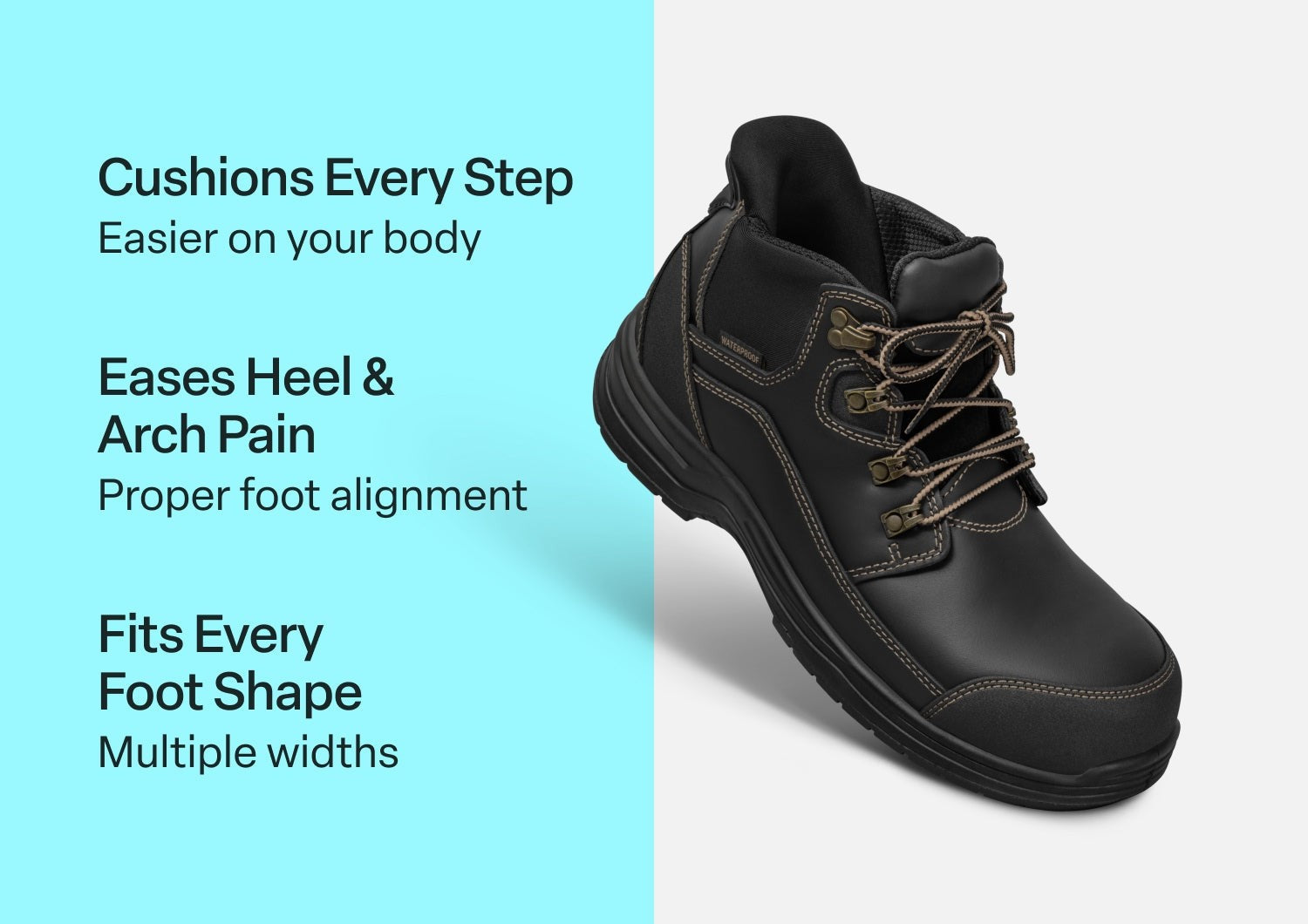 Orthofeet Graphite Hands-Free Cushioning & Arch Support Men's Work Boots - Black - Comfort Benefits - 2
