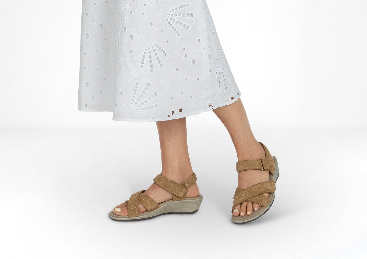 Orthofeet Holly Supportive Ortho-Cushion Wedge Women's Sandals - Camel - Lifestyle View - 2