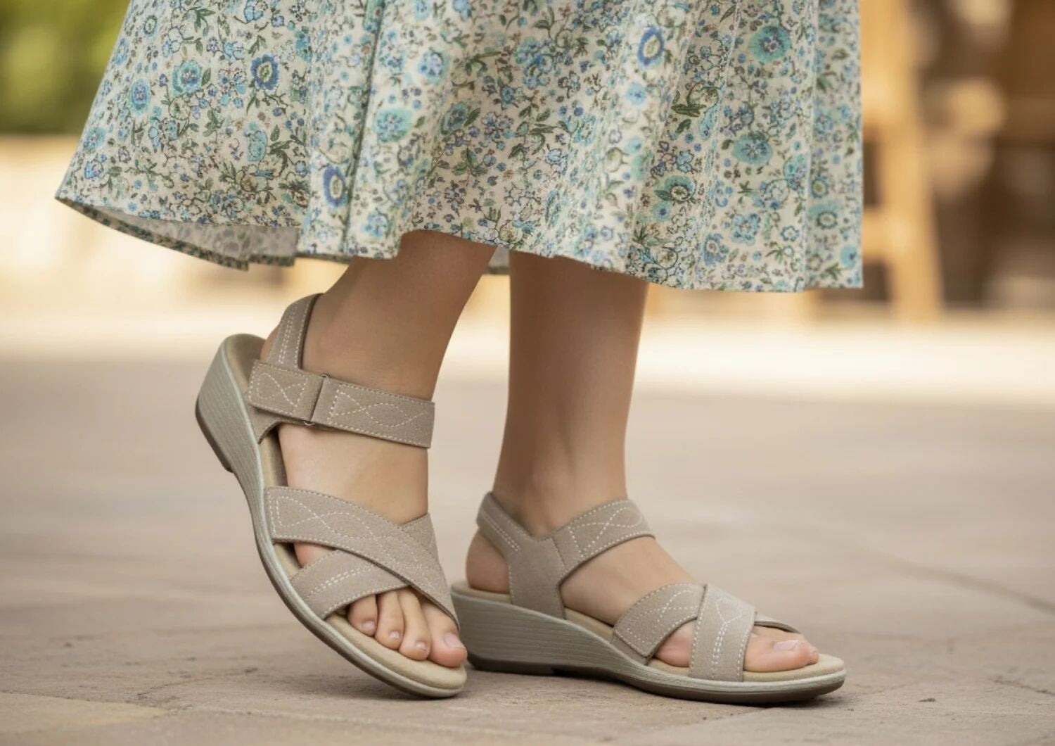 Orthofeet Holly Supportive Ortho-Cushion Wedge Women's Sandals - Taupe - Lifestyle View - 8