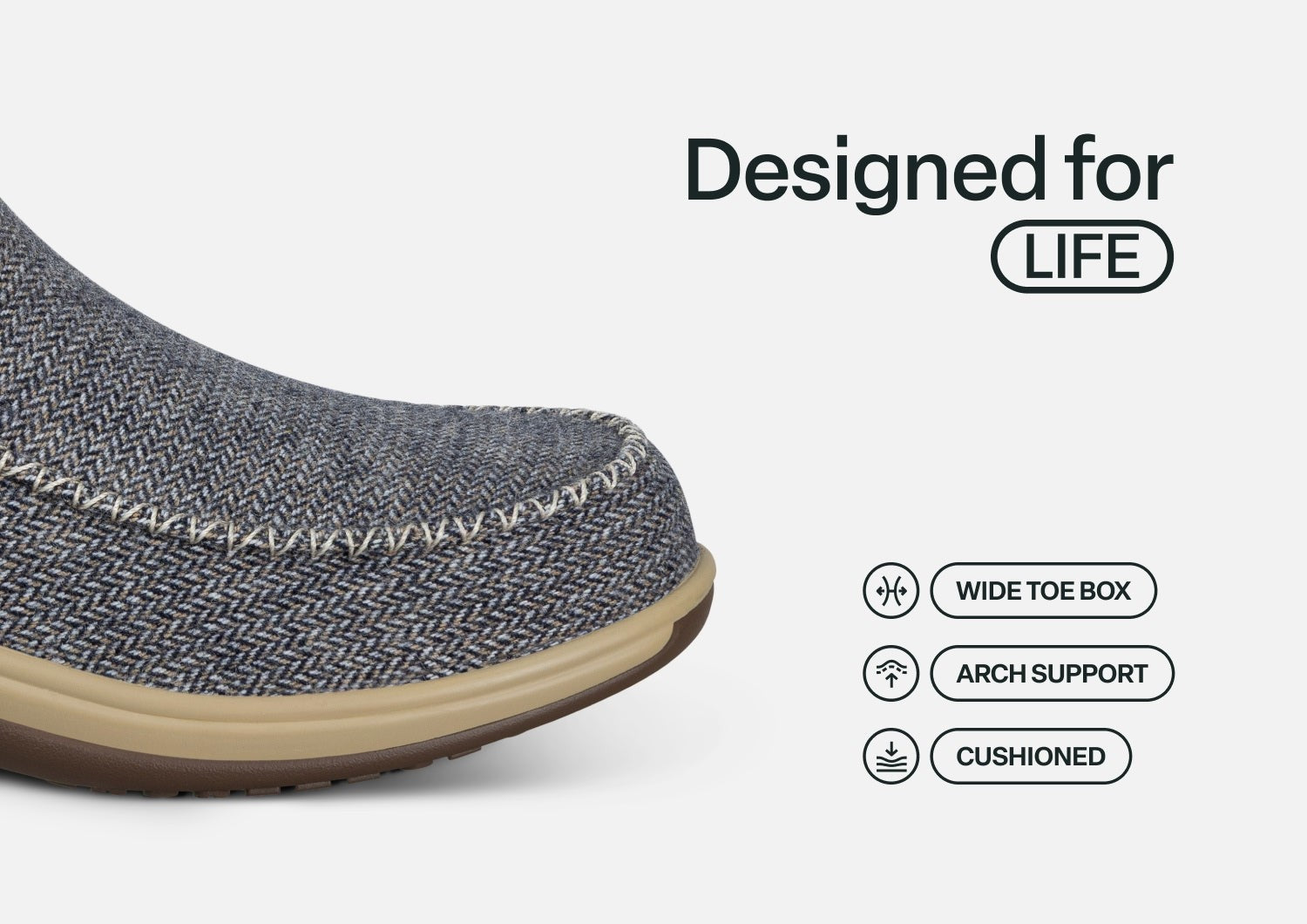 Orthofeet Lorin Wool Supportive Hands-Free Slipper-Shoe - Blue Herringbone Wool - Feature Detail - 3